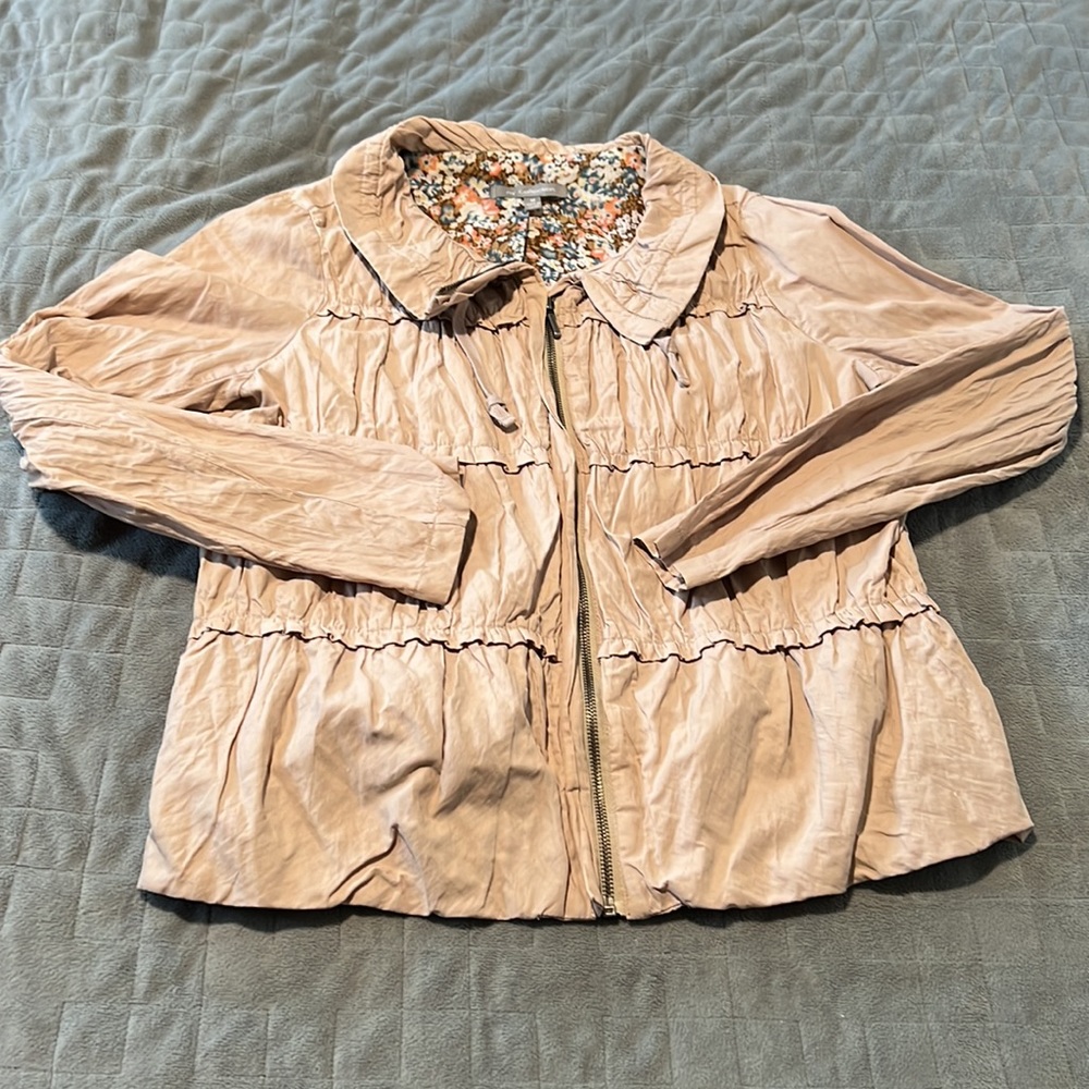 NY Collection Tan Jacket, Layered Hem, Zipper Closure, Beige, Size M